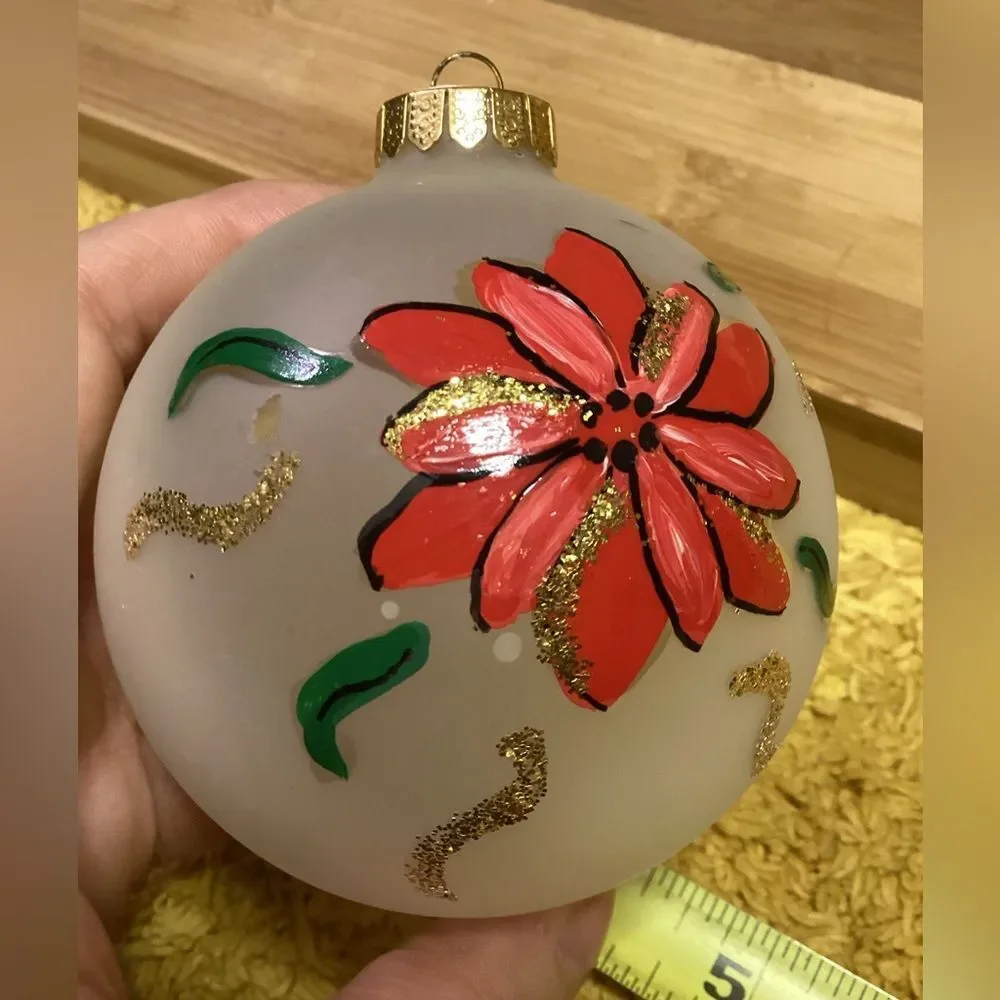 Festive Hand Painted Red Poinsettia Glass Christmas Tree Bulb Holiday Ornament